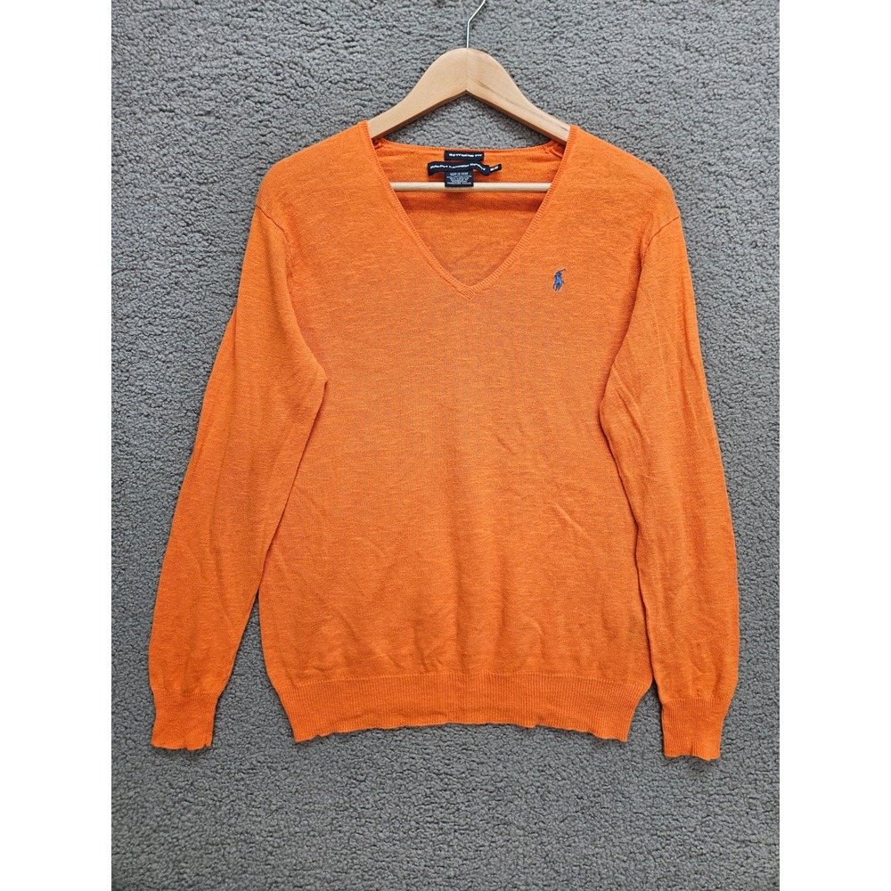 Ralph Lauren Sport Sweater M Orange Cotton Linen V Neck Preppy Coastal FLAW